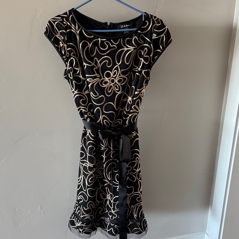 S.L. Fashions Black and Gold Floral Mini Dress